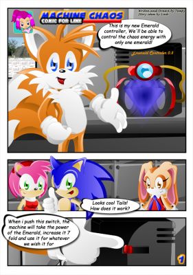 Sonic the Hedgehog - Machine Chaos- Page 1
This is the first page of a 3 page comic i'm doing for Link entitled 'Machine Chaos'. It is a gift after ALOT of hard work he has done to help me out though a major problem, so don't go asking me for gifts of something like a comic.. You need to do a fair bit above and beyond for something like this.
Anyway.. Tails is showing of his new machine to Amy, Sonic and Cream. 
Keywords: Sonic Amy Tails Cream Comic