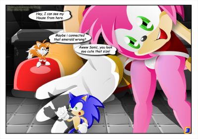 Sonic the Hedgehog - Machine Chaos- Page 3
Okay, the Final page of this 3 page comic for Link. Had to try a couple of ways to get what i wanted on the page and this is how it turned out.

Tails finds out he must have made some kind of mistake as he and Sonic are shrunk in size and Amy and Cream grow in size.
Keywords: Sonic Amy Tails Cream Comic