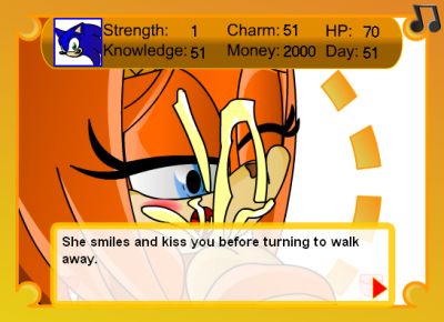MSDS ScreenShot 3- Cum Shot Tikal - [Game Shot]
Yay! Tikal this time ^_^ Now, when you have finished the normal Sex scene, you get a nice Cum Shot. Am afraid it's not animated for a number of reasons but it's still good. There are a few things you can't notice in this pic. 
1) The Text bar doesn't appear right away but after a little bit, giving you time on just the image.
2) Update graphics for the Music Note & The Frame
3) very hard to see, but under the Text bar is a small heart symbol. That works like the invertory BUT for the top status bar.
Keywords: MSDS Macro Sonic Dating Sim Tikal
